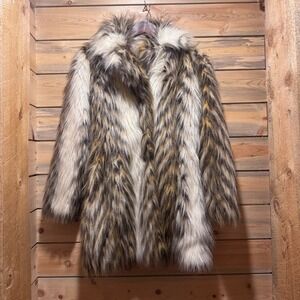 Vintage Long Hair FauxFur Statement Coat Brown Cream Tan Jacket Mobwife FestivaL